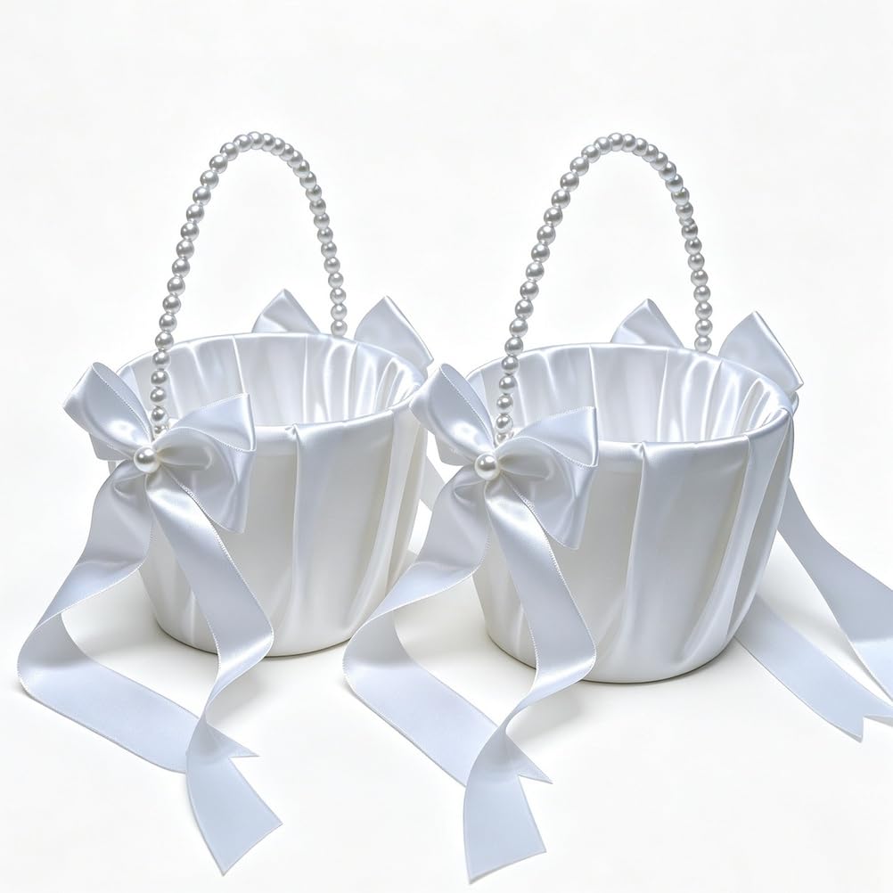 Bafnsiji 2 Pack White Satin Flower Girl Basket with Pearl Handle