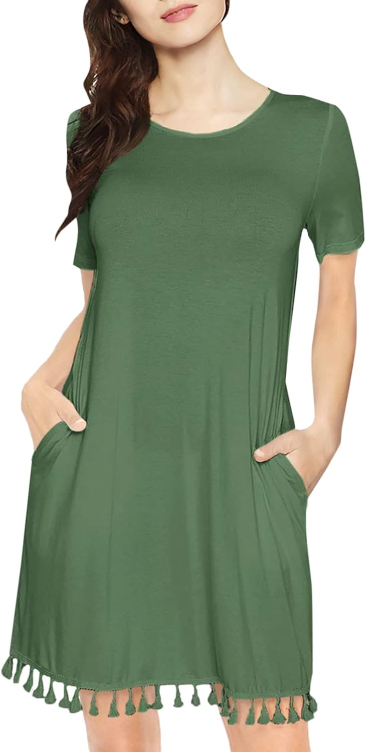 Romwe Women's Summer Short/Long Sleeve Pocket Tassel Hem Loose Tunic T-Shirt Dress