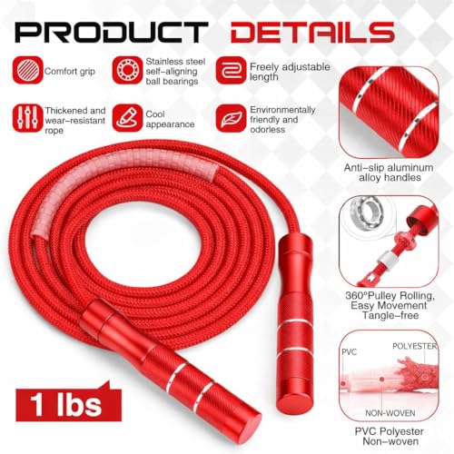 Image of Weighted Jump Rope - Heavy Jump Ropes with Adjustable Extra Thick Cable, Aluminum Handles, High-Speed Ball Bearings, Premium Skipping Rope for Workouts Crossfit Home Fitness MMA (Red)