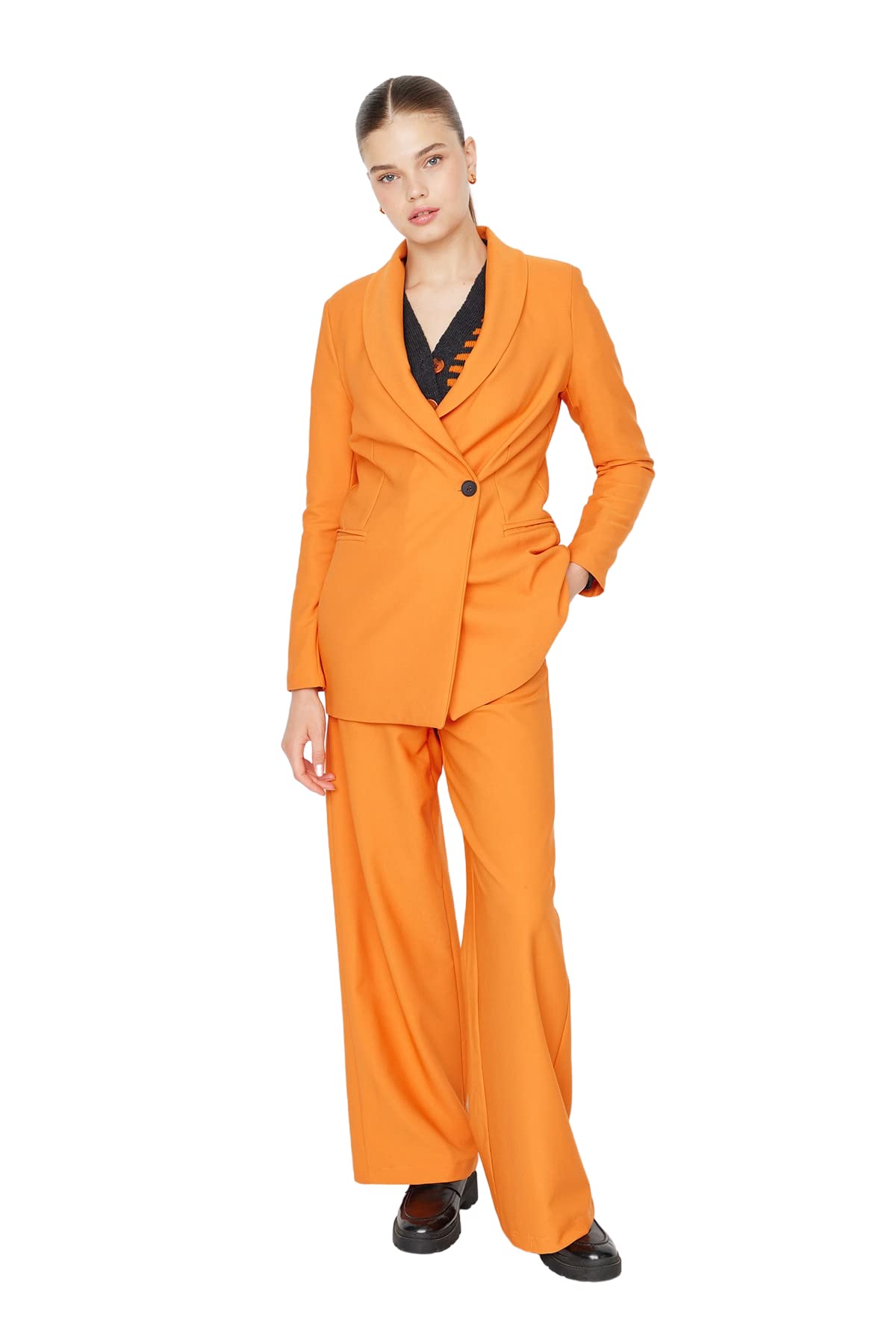 TRENDYOL Damen Trendyol Damen Regular Zweireihig Plain Webstoff Blazer Coat, Orange, 42 EU