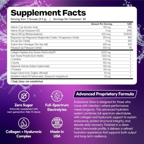 Redwood & Water Endurance Glow Electrolyte Powder | Hydration Drink Mix with Collagen Peptides, Hyaluronic Acid & Electrolytes | Zero Sugar Cherry Lemonade | Running, Cycling & Recovery | 30 Servings - 5