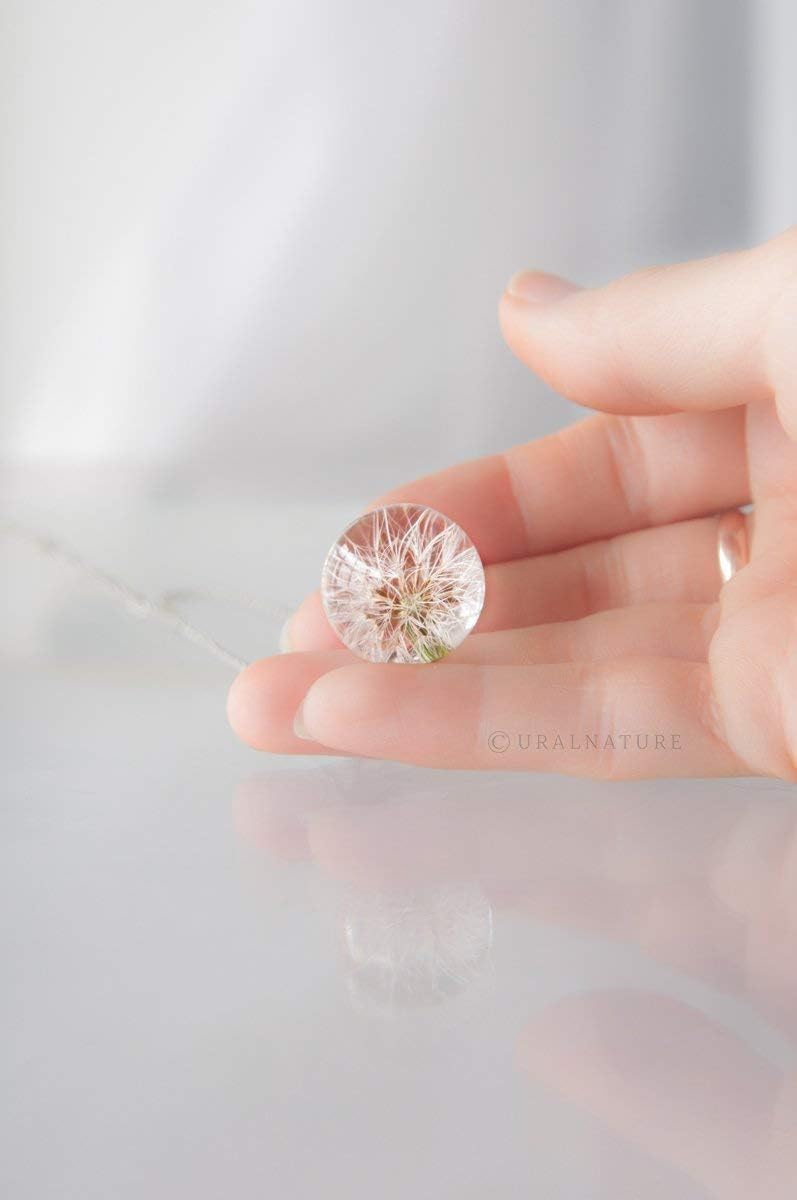 Small Dandelion Necklace, Whole Dandelion Jewelry, Real Dandelion Pendant with Stainless Steel Chain, Sphere size 3/4 inch