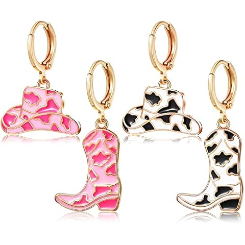 2 Paar Valentinstag Cowboy Stiefel Ohrringe für Damen Western Stiefel Hut Ohrringe Emaille Kuh Druck Baumeln Tropfen Cowgirl Ohrhänger Cover
