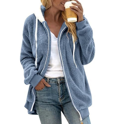 Fuzzy Fleece Jackets for Women Plus Size Hoodies Fall Winter Coats Color Block Patchwork Cardigan Coat with Pockets