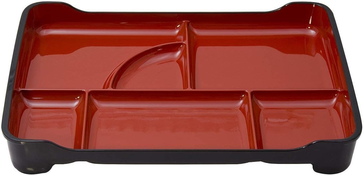 JapanBargain Traditional Japanese Bento Box 6-Compartment Lacquered Lunch Plate, Plastic Obento Tray for Restaurant or Home Use, 14"x9.25", Red and Black, Made in Japan - Image 4