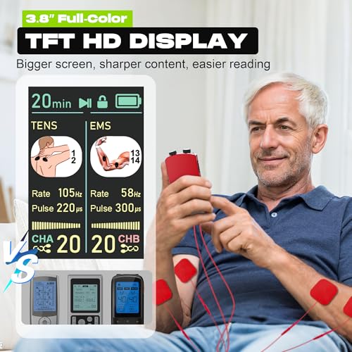 Image of TENS Unit Muscle Stimulator with Color Display,Dual Channel TENS EMS Machine with Customizable Frequency&Pulse Width,36 Modes,20 Intensity Levels,Rechargeable Pain Relief Device-Red(Button Layout B)