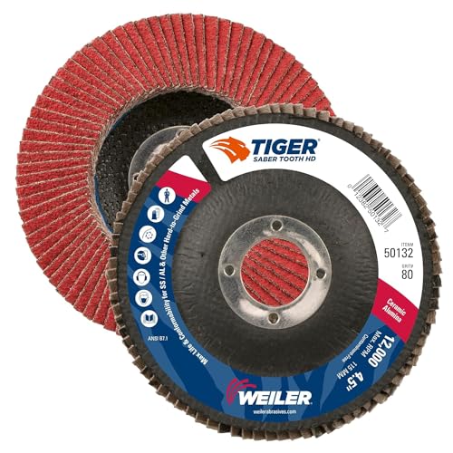 Image of Weiler 50132 Saber Tooth 7 /8 inch Arbor, 4-1 /2 inch Diameter, 80 Grit, Ceramic, Phenolic Backing, Flat High Density Abrasive Flap Disc (Pack of 10)