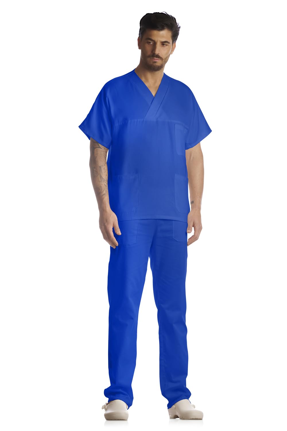 Tecno Hospital Casacca OSPEDALIERA, OSS, ESTETICA Infermiere, Medico, Sanitario, Laboratorio 2 Tasche Anteriori con Taschino, Spacchi Laterali, Scollo A V, Unisex (Blu, S)