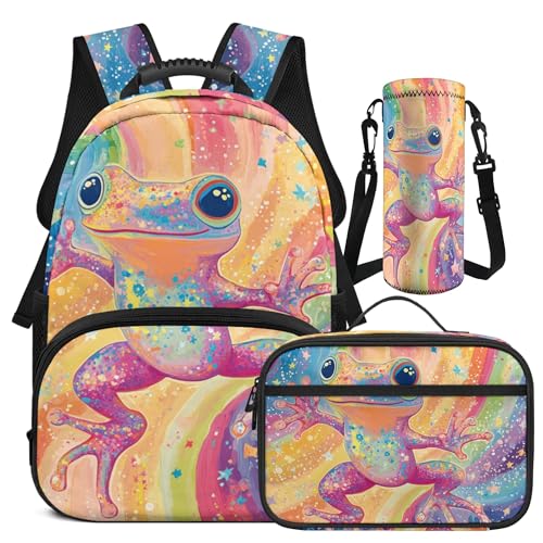 Aesthetic Frog Backpack and Lunch Bag Set for Girls Boys Age 6-8 8-10 10-12 Lightweight 17 Inch Bookbag Elementary School Kids Backpack with Lunch Box and Water Bottle Holder 3 In 1