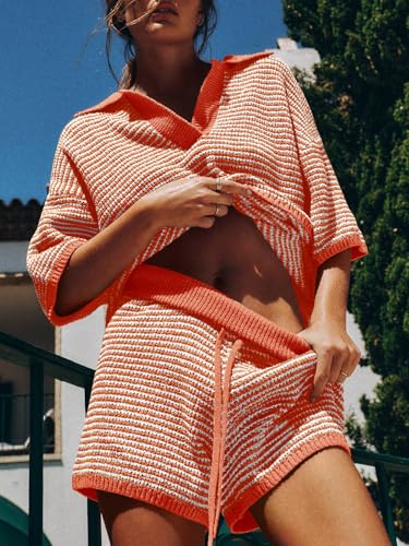 Image of Tankaneo Womens Sweater Set 2 Piece Outfits Oversized 3 /4 Sleeve V Neck Knit Tops High Waisted Shorts Lounge Sets
