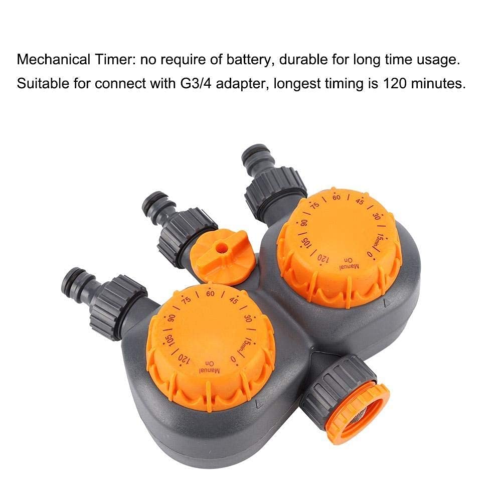 Temporizadores de agua para sistema de riego de jardín, interruptor de controlador G3/4'' con riego de doble cabezal, valor de temporizador mecánico aplicable para flores, plantas, frutas en maceta,