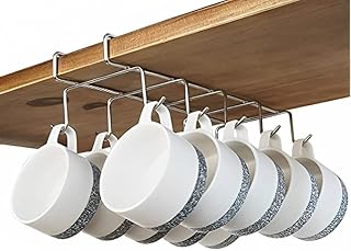 304 Stainless Steel Under Shelf Coffee Mug Cup Holder Rack Organizer Stand for Kitchen Counter, Cabinet, Table with 10 Hooks, Pack of 1