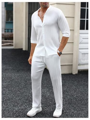 Men's 2 Piece Outfits 3/4 Sleeve Button Down Shirts and Drawstring High Waisted Pants Set Tracksuits3