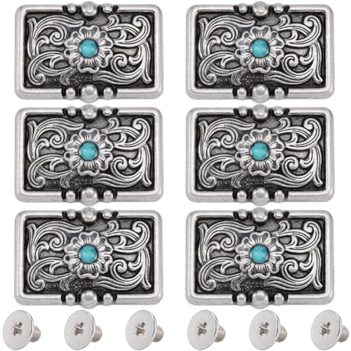 GORGECRAFT 1 Box 6Pcs Decorative Conchos Buckles Rectangle Retro Screw Back Green Synthetic Turquoise Badge Flower Metal Buttons Replacement for DIY Leather Sewing Craft Purse Bags Decor 1.32x0.93in