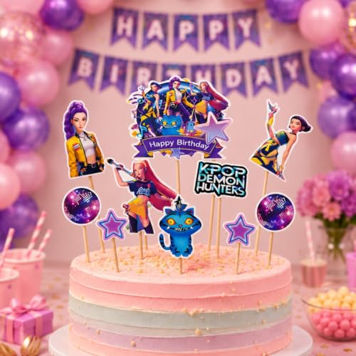 Image of Wanna Party Korean Pop Demon Hunters Birthday Decoration Kit | Happy Birthday Banner, 40 Pink & Purple Balloons, 8 Party Hats, 5 Character Cutouts, 5 Photo Booth Props & Cake Topper Set