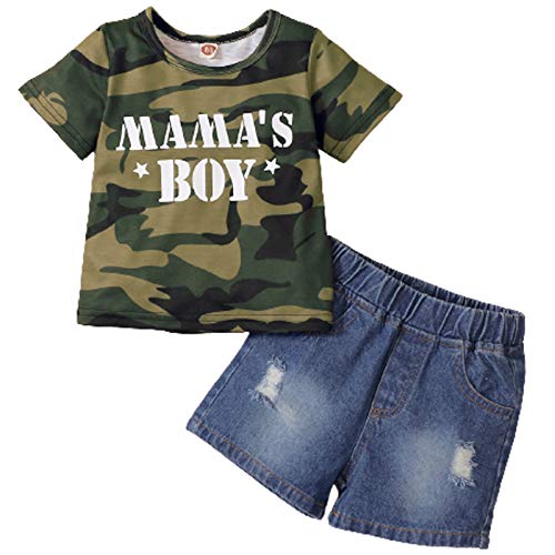 Toddler Baby Boy Clothes MAMA'S BOY Short Sleeve T-Shirt+Denim Cropped Pants Shorts Outfits Set (Mama's Boy, 6-12 Months)