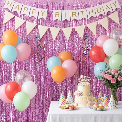 Image of TONIFUL 2Pcs Wavy Pink Metallic Tinsel Foil Fringe Curtain Laser Streamers