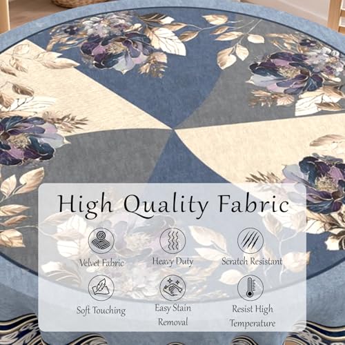 Image of Cloth Fusion Velvet Floral Round Shape Dining Table Cover Cloth 4 Seater with Stunning Gold Foil Design for Home Decor (60 Inch Round, Blue)