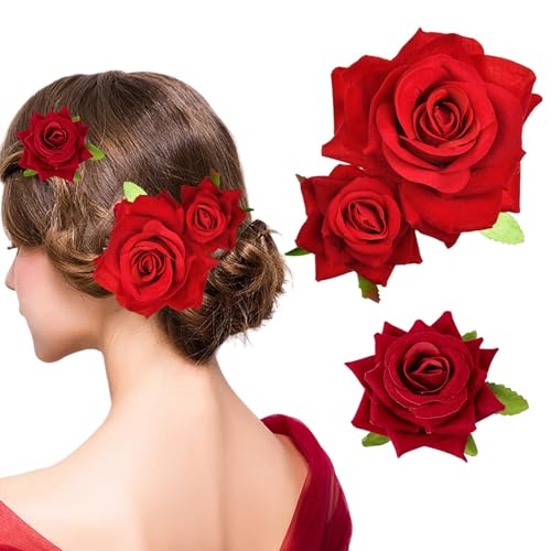 Rose Flower Hair Clips Bohemia Hairpin Costume Hair Decor Duckbill clip for Women Girls Party Wedding Mother's Day Headpieces Red 2pcs