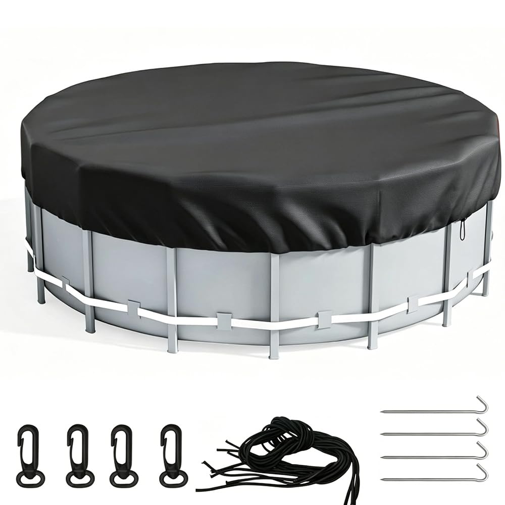 Bâche de piscine ronde - 366 cm - Avec cordon de serrage et clous de sol - Bâche de piscine ronde - Coupe-vent - Imperméable à la pluie - Résistante à la poussière - En tissu Oxford