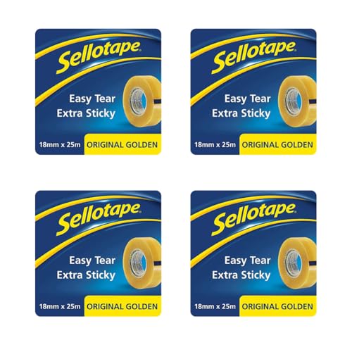 Image of Sellotape Original Golden Tape premium, strong, tear by hand tape ideal for office, school projects, art work, bonding of paper or card, wrapping presents, sealing lightweight boxes, 18 mm x 25 m*4