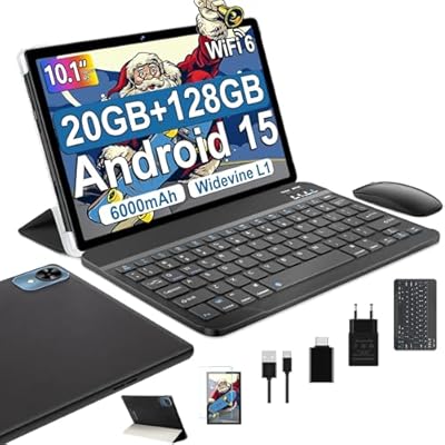 fezawio 2025 Android 15 Tablet 10 Pulgadas 20GB RAM + 128GB ROM TF/1TB Tableta Octa-Core/Widevine L1/WiFi6&BT5.0/6000mAh 8+5MP/1280 * 800 IPS ratón Tablet con Funda y Teclado-Negro