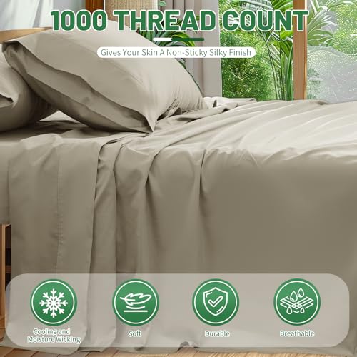 Image of 1000 Thread Count Egyptian Cotton Sheets Queen Size Set 4PCS Sateen Weave Soft Breathable 16-Inch Deep Pocket(Queen,Sand)