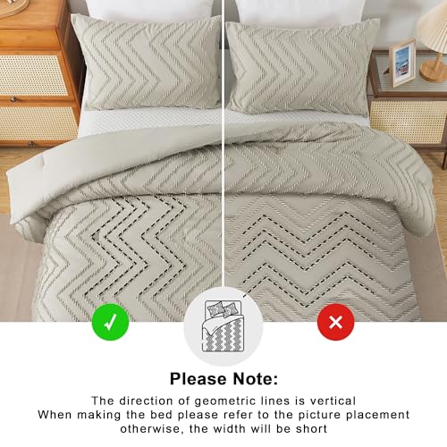 Image of Andency Oatmeal Oversized King Comforter Set, Boho Soft Warm Tufted Neutral Bedding Comforter Sets, 3 Pieces Aesthetic Chevron Farmhouse Cute Bohemian Textured Bedding Set