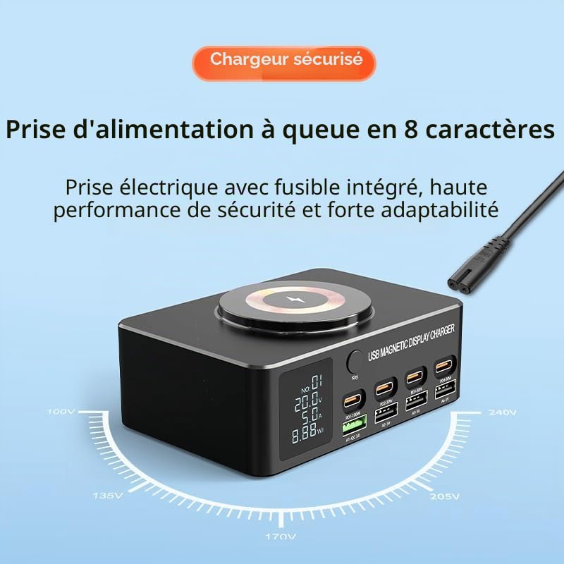 Chargeur intelligent multifonctionnel de l'affichage magnétique 140W, 8+1 port USB C avec 100W PD, QC3.0, chargeur sans fil magnétique, Écran LCD