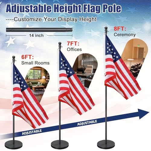 Indoor Flag Pole and Stand, 6-8FT Adjustable Heavy Duty Metal Flag Pole with Base, 1