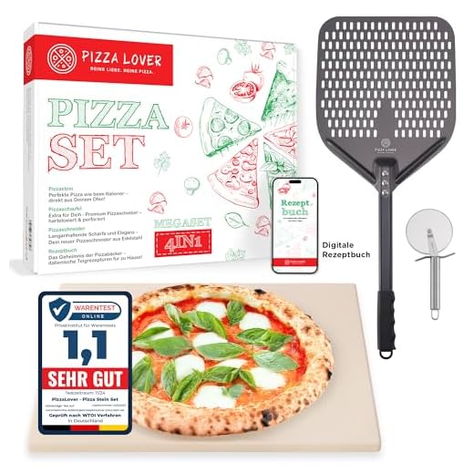 Pizza Lover Premium Pizzastein-Set für Backofen & Grill – 4in1 – inkl. perforiertem Pizzaschieber (harteloxiert) + Pizzastein bis 800°C aus Cordierit + Pizzaschneider & Rezeptbuch