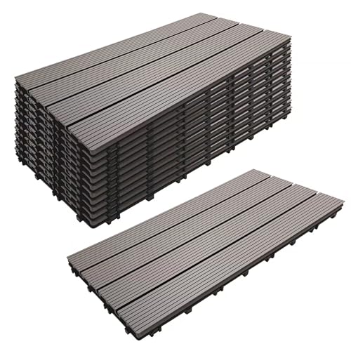 Relaxdays WPC Fliesen, 12 Stück, 60x30, Balkonfliesen wetterfest, Terrassenplatten Klicksystem, 2,2 m², Holzoptik, grau