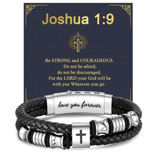 Men's Leather Cross Bracelet - Silver Double Row Braided Leather Cross Bracelet for Men with Inspirational Bible Verse Card, Faith Christian Religious Gift for Husband Son on Baptism Easter Birthday - image 1