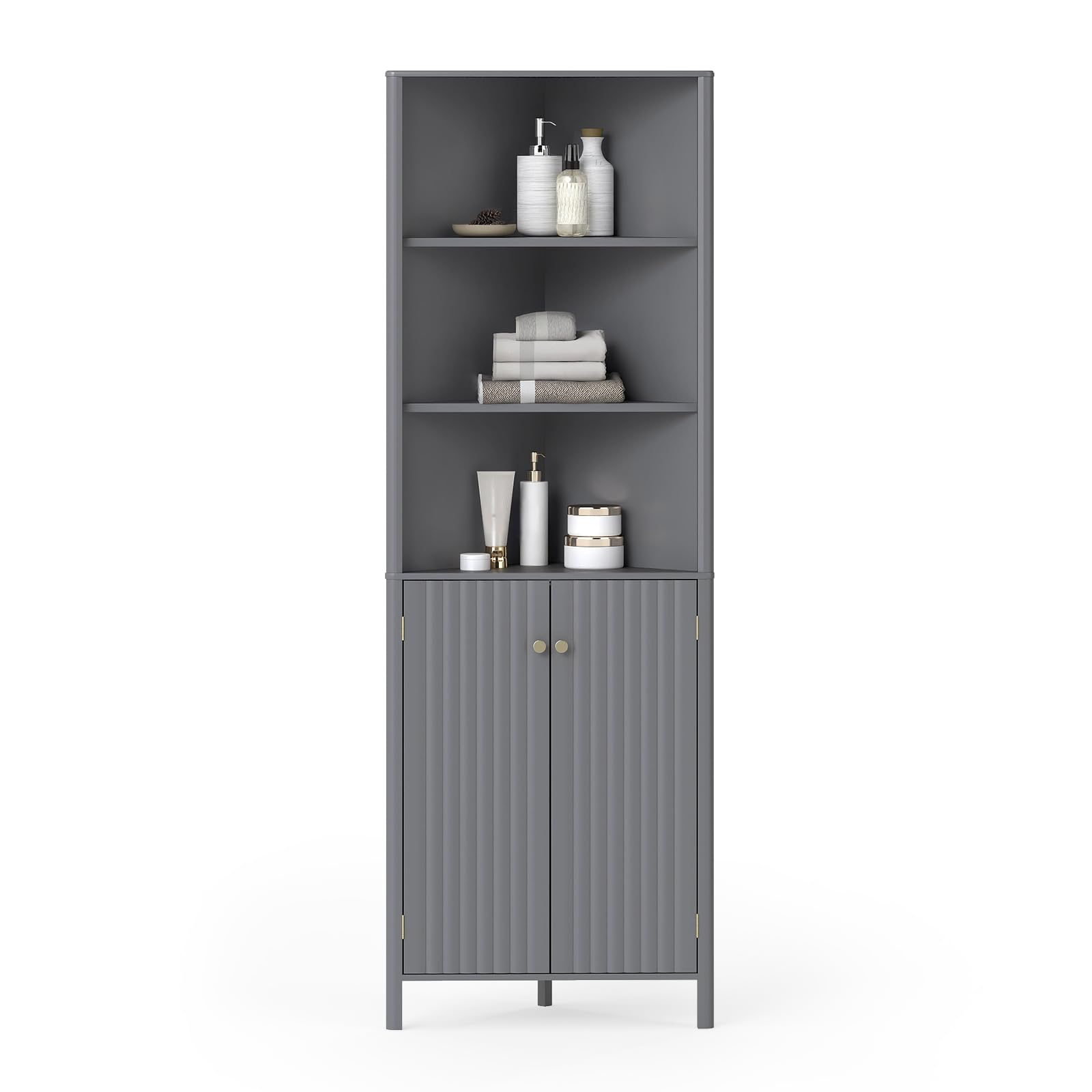 COSTWAY Corner Bathroom Tall Cabinet, Freestanding Slim Bathroom Storage Unit with 2 Fluted Doors & Open/Adjustable Shelves, 172cm High Wooden Narrow Floor Cupboard for Living Room Kitchen (Grey)