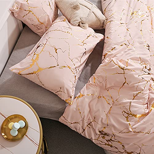 Smoofy Blush Pink Comforter Queen Bed Set Marble Print Glitter Gold Bedding Set Luxury Shinny Pink Queen Comforter Set For Men Women Queen Size Bedding Set 3Pcs (1 Comforter, 2 Pillowcases) #TOP4
