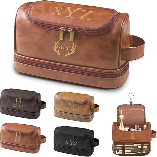 Personalized Toiletry Bag for Men, Custom Large Capacity Leather Travel Toiletry Dopp Kit, Engraved with Pattern and Text, Gifts for Him, Groomsmen, Birthday, Graduation, Anniversary, Christmas