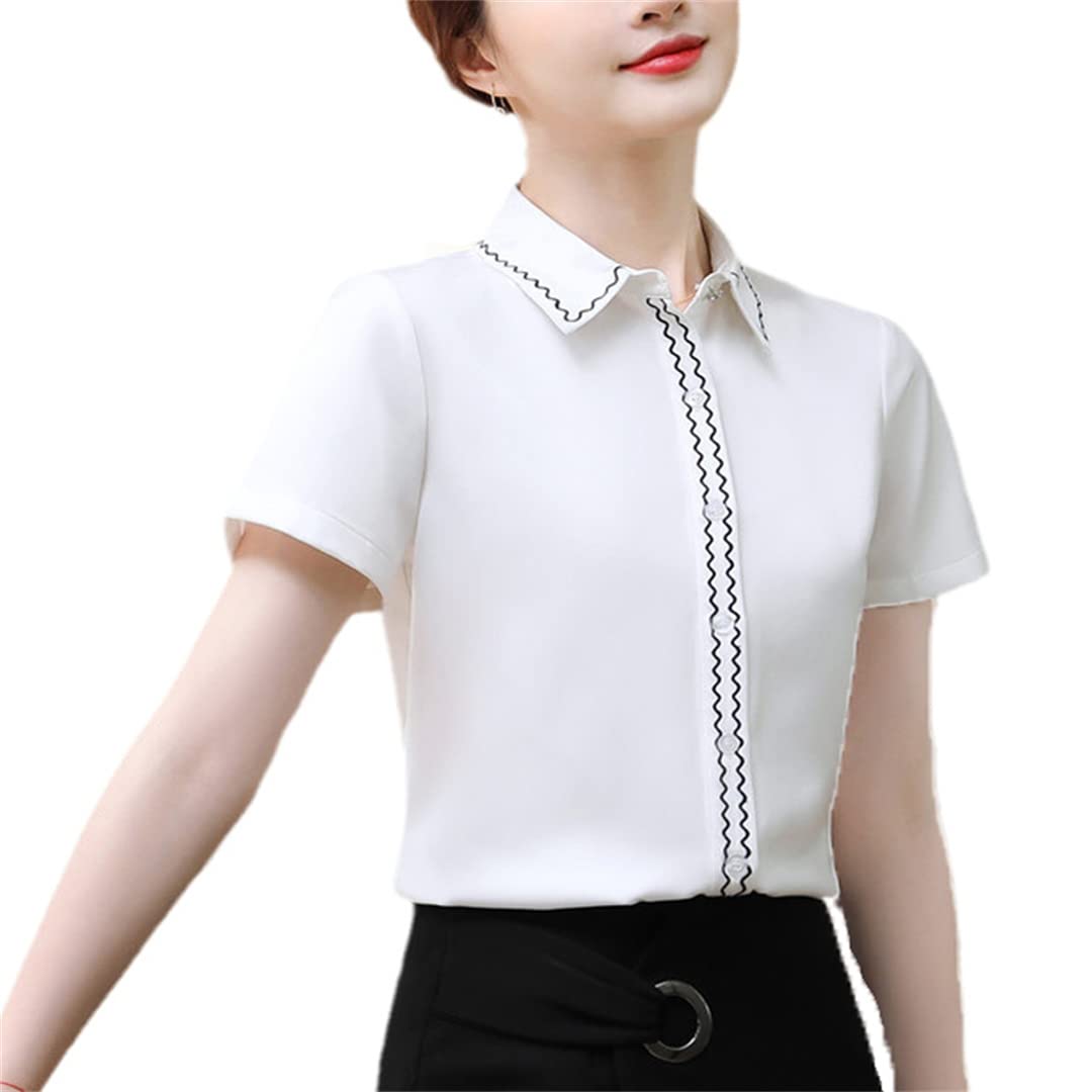 Camisa con Botones para Mujer, Manga Corta, Cuello en V, Blusa de Negocios para el Blusas Formales de Gasa White XS