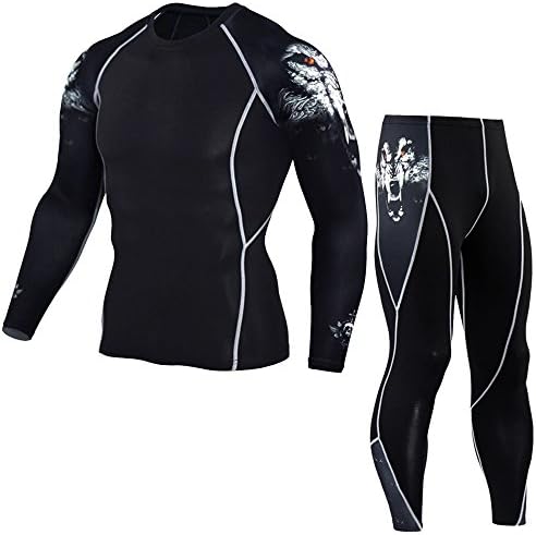 1Bests Men's Athletics Sports Compression Tight Clothing Long Sleeve 3D Printed Running Quick Dry Sportswear Sets