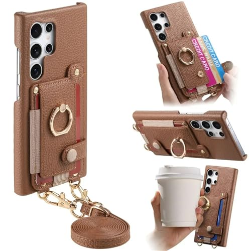 Étui portefeuille Samsung S25 Plus porte-cartes cuir PU avec anneau rotatif