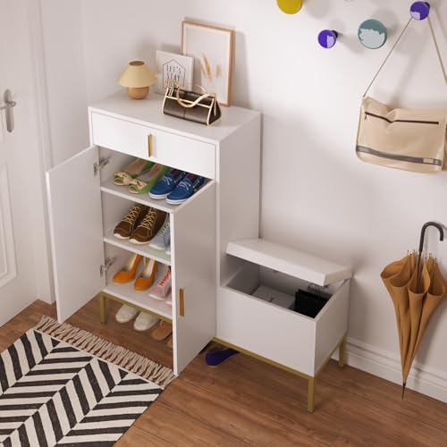 Image of HedoAjim L-Shaped Shoe Storage Cabinet with Bench, Entryway Shoe Cabinet with Drawer, Modern Freestanding Shoes Organizer Cabinet for Entryway Hallway Front Door, White