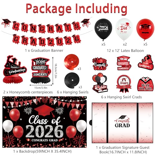 Image of Vlipoeasn Red 2026 Graduation Party Decorations Black Red 2026 College /High School Graduation Decorations Party Supplies, Class of 2026 Congrats Grad Backdrop Banner Signature Book