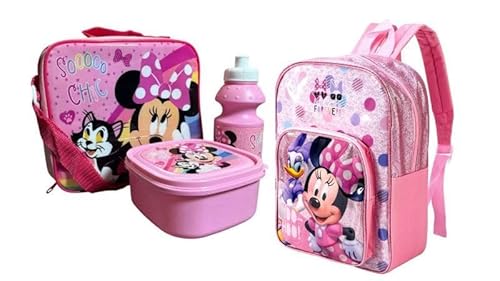 Top Linen (NW) Ltd Kids 4-Piece Character School Set – Backpack, Lunch Bag, Drinks Bottle & Sandwich Box | Durable, Colourful & Perfect for School (Deluxe Minnie Mouse)