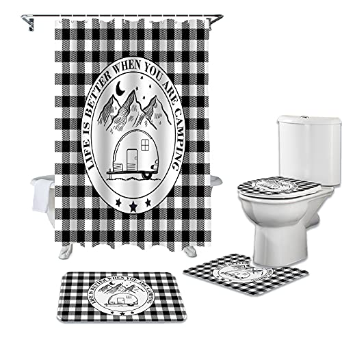 Camper Van 4 Pcs Shower Curtain Sets Fashion Black White Plaid Camping Quotes Logo Bathroom Decor Shower Curtain 36" X 72" With 12 Hooks Non-Slip Bath Mat Toilet Lid Cover U-Shape Contour Rug #TOP2