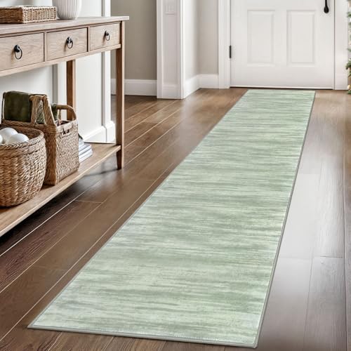 KOZYFLY Modern Abstract Hallway Runner Rug, 2x8 Kitchen Rugs Non-Slip Washable Soft Striped Runner Rugs, Print Distressed Green Carpet Runner for Entryway Bathroom Laundry Room Foyer