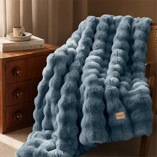 Image of Bedsure GentleSoft Faux Fur Throw XL Blanket, Fluffy Fuzzy Large Throw Blanket for Bed, Soft Cozy Fall Bedding Coloring Couch Cover, Thick Warm Plush Women Men Birthday Gifts, Greyish Blue