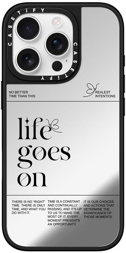 CASETiFY Mirror iPhone 16 Pro Case [Reflective / 4.9 ft. 1X Military Grade Drop Protection/Compatible with Magsafe] - Life Goes On - Silver on Black