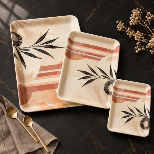 Image of Printed Rectangular Melamine Serving Tray| Tray for Serving Tea, Coffee, Snacks | Break Resistant| Double Laminated | Multi-use | Easy to Clean| | Tray Set of 3 (Small, Medium, Large)(Rose)