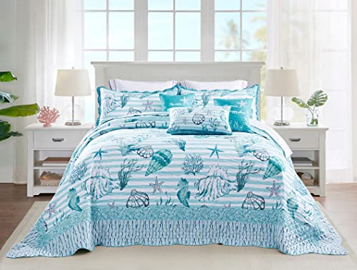 Image of HZ & HY Coastal Oversized King Bedspread, Reversible Beach Pattern Quilt Set King /Cal King, Lightweight Coverlet, Scalloped Edge - Seashell Coastal Look, 6 Piece, Shell