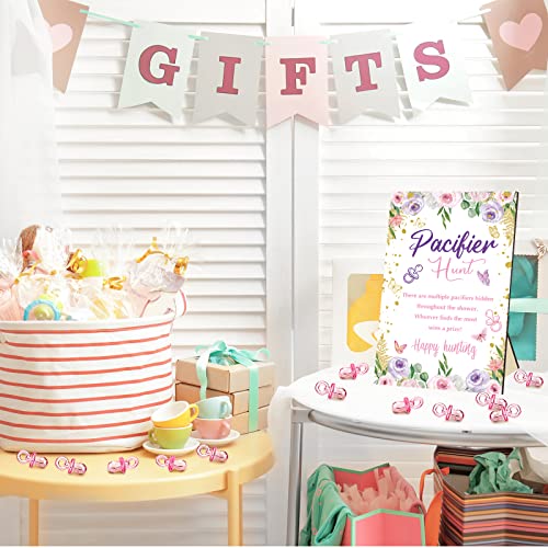 Image of Thyle 51 Pcs Pacifier Hunt Baby Shower Games Include Hunt Sign and 50 Acrylic Pacifiers for Baby Shower Game Decoration Gift Sets Gender Reveal Party Decor(Butterfly)