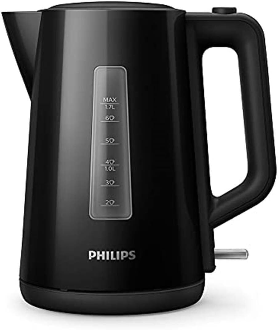 Philips Series 3000 Bouilloire, 1,7 l Couvercle à ressort, Élément chauffant plat, Voyant lumineux, Filtre amovible, Multiples systèmes de sécurité, Noir (HD9318/20) - Amazon product rated Grade A